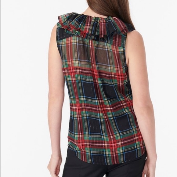 J Crew Ruffle-collar Top Black Red Plaid Blouse S - Picture 3 of 5